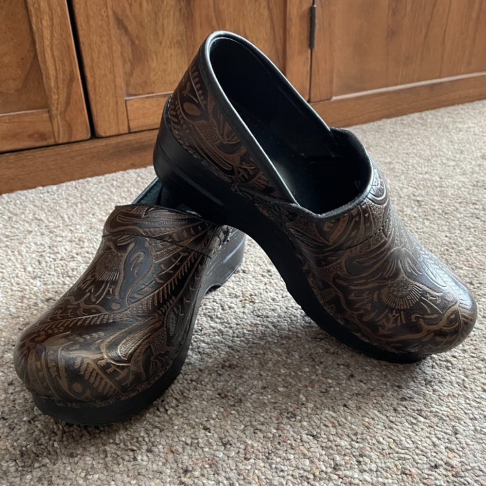 Dansko Brown Tooled Leather Professional Clogs